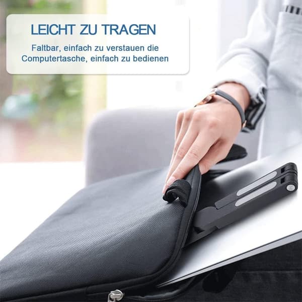 Svart laptopstativ, justerbart og sammenleggbart, egnet for bruk på skrivebord.