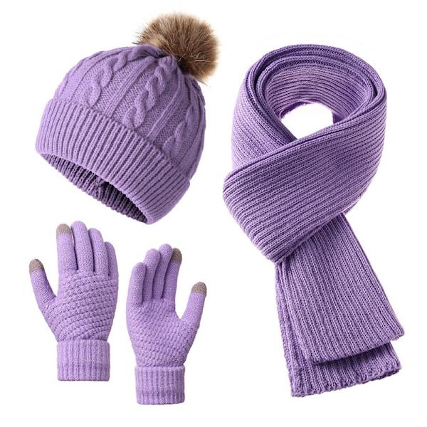 Vintergave: Dame Efterår/Vinter Varmt Halstørklæde, Strikket Sæt, Violet
