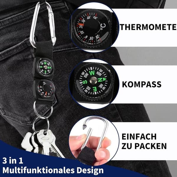 4-delt - 3-i-1 Vandringskompas - Nøglering med Termometer - Sort