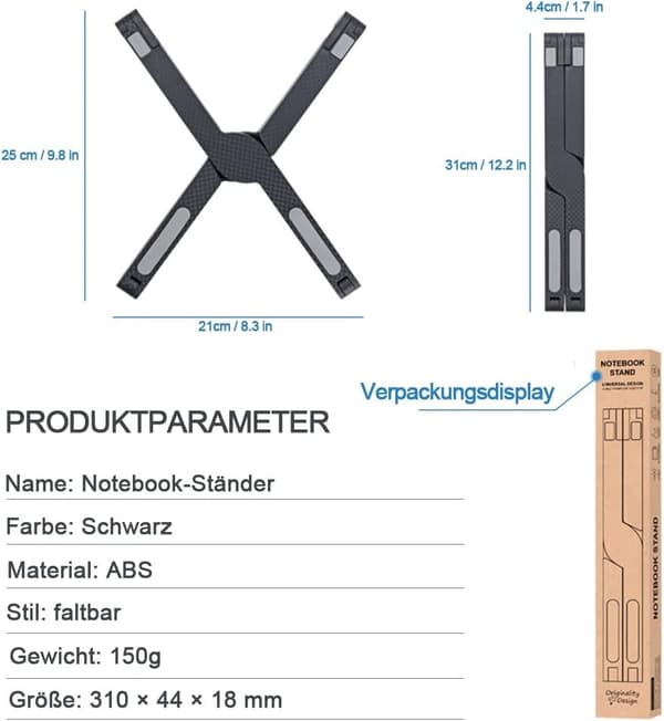 Sort laptopstativ, justerbart og sammenklappeligt, egnet til brug på skrivebordet.