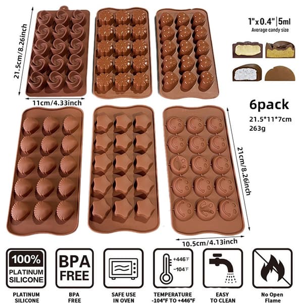 6-delt silikoneform sæt, chokoladeform, silikoneform, bageform, non-stick slikform, køkkenbageplade, DIY silikone chokoladeform