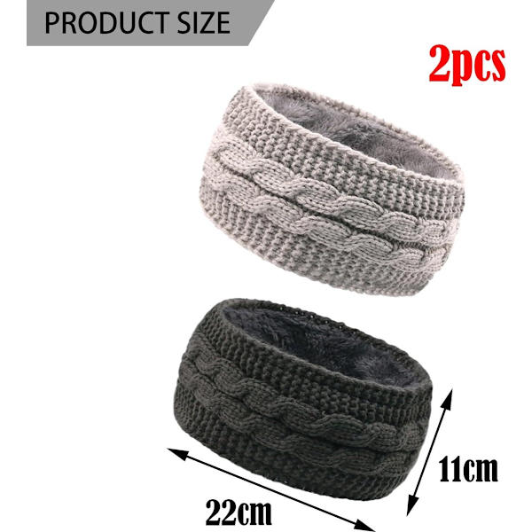 Hårband, 2-pack Vinterstickade Hårband, Lämpliga för Damhår, Bredstickad Öronmuffsfoder, Sammet Fleece Foder, 19*14cm, Svart, Grå