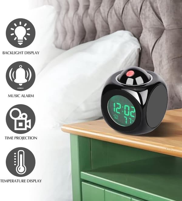 Digital LED-projektionsväckarklocka med talfunktion, ljus och snooze, för sovrum, svart