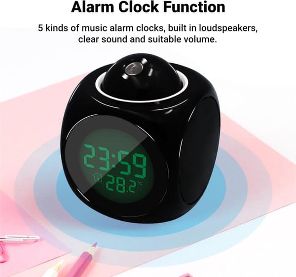 Digital LED-projektionsväckarklocka med talfunktion, ljus och snooze, för sovrum, svart