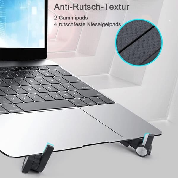 Sort laptopstativ, justerbart og sammenklappeligt, egnet til brug på skrivebordet.
