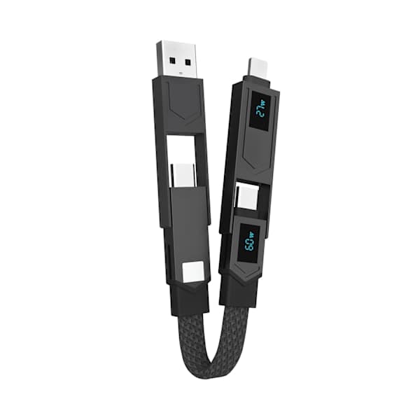 4-i-1 PD65W Datakabel Multi USB Ladekabel: Kort EDC Kabel for Lightning, Type C og A Svart Black