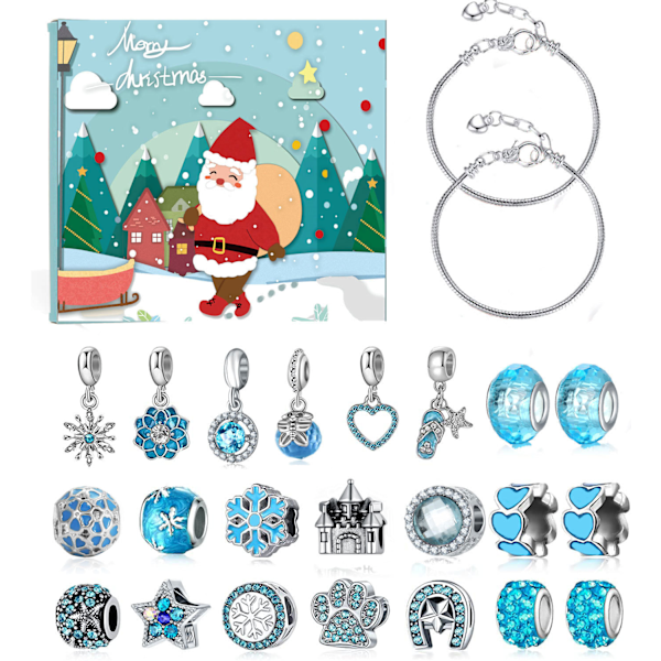 24 stk. Julekalender, DIY Julearmbåndssæt 24 Dages Nedtællings Charm Smykker Blind Box Julepynt til Børn Blå Blue