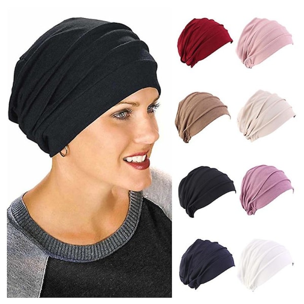 Dam Bomull Elastisk Beanie Mjuk Turban Motorhuv Head Wrap Hedging Lamell Chemo Hat (2st) black and taro purple
