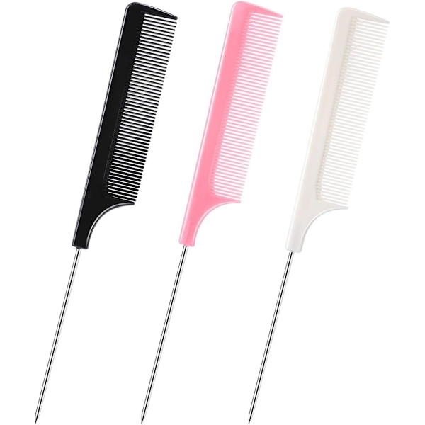 3 Hårkammer - Antistatiske hale-kammer, kammer med fine tenner, frisørkam med håndtak i rustfritt stål for kvinner og menn (Black+Pink+White) *3