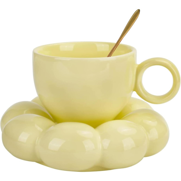 Keraaminen kahvikuppi pilvi kahvikuppi ja aluslautanen setti söpö kuppi kukkalusikalla ja auringonkukka lasinalusella Latte kahvikuppi 200ml (keltainen) yellow