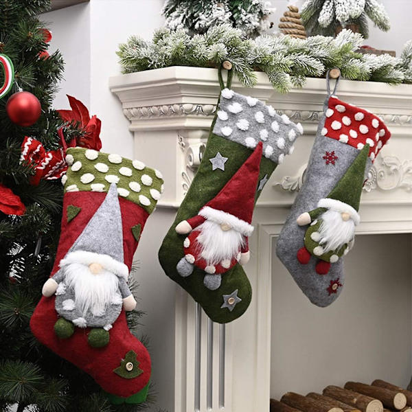 Julstrumpor Stora 3-pack, Klassisk Jultomte-strumpa för Vuxna & Barn, Godispåse Presentpåse för Träddekorationer Julpynt