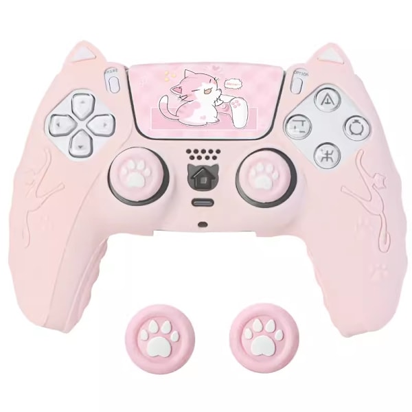 Rosa kattepote PS5-kontroller, sett med håndgrep, sklisikkert silikonskall, beskyttende deksel med joystick Pink
