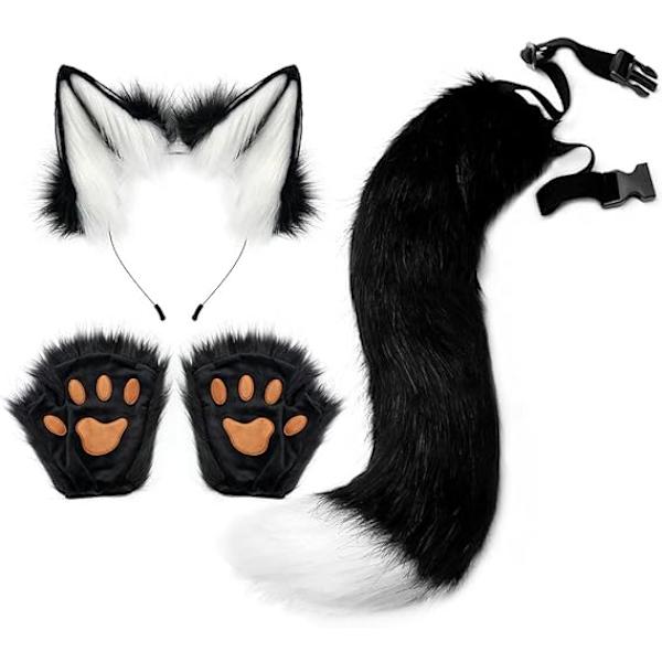 Konstgjorda Pälskattungar och Varghuvudsvansset för Vuxna och Barn Klorhandske Kit för Halloween Anime Cosplay Fest White+Black