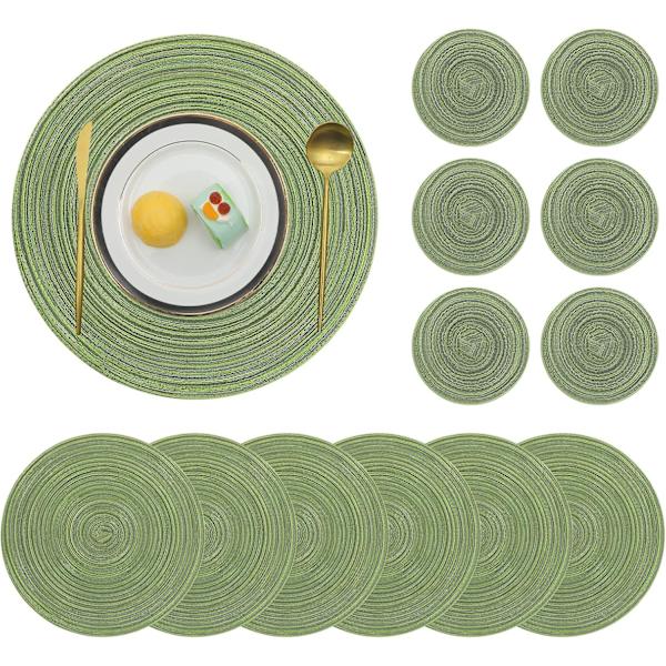 15\" Pyöreä Kudottu Tabletti, Liukumaton Eristävä Kudottu Puuvillainen Pöytämatto, Pestävä (6 kpl:n setti) Verde 6pc placemats and 6pc coasters