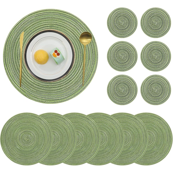 15\" Rund vävd bordsmatta, halkfri isolerande vävd bomulls bordsmatta, tvättbar (set om 6) Verde 6pc placemats and 6pc coasters