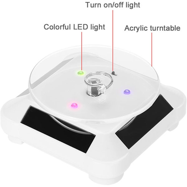 Solcellsdisplayställ Snurrstativ, 360 Grader Roterande Stativ Hylla Showcase med LED-ljus för Smycken Klocka Hobby Samling White
