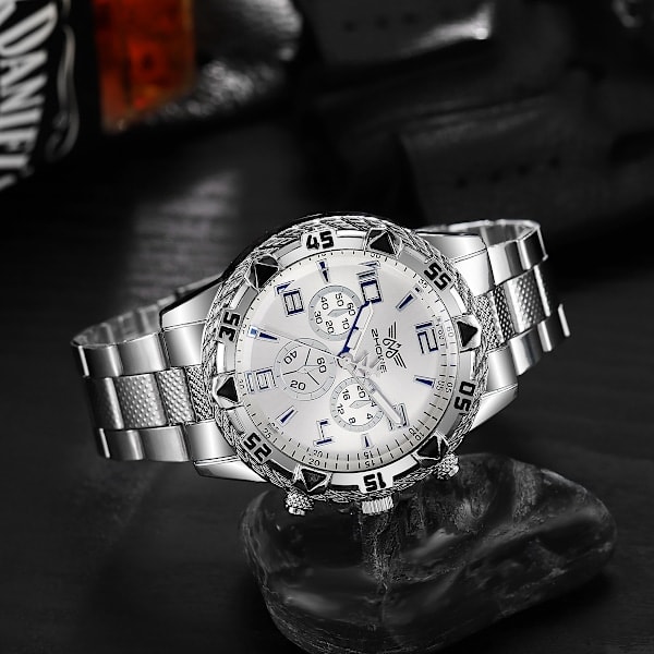 Herr Quartz Klocka Mode Rostfritt Stål Chronograph Affärsklockor för Män Silver Sliver