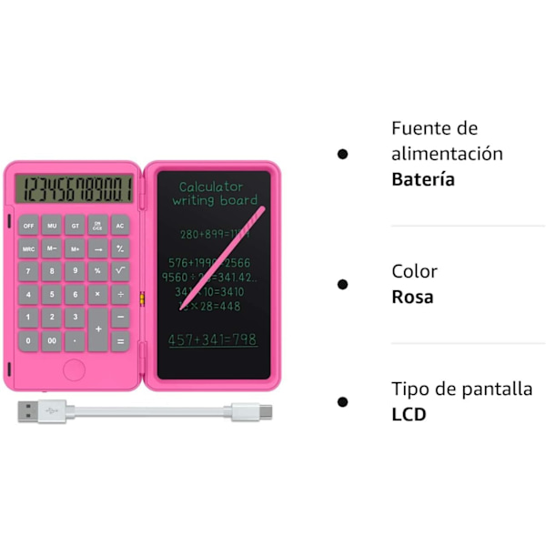 Enkel Kalkulator og LCD Skrivebrett 6.5 Tommer Kalkuler og Ta Notater (Rosa) pink