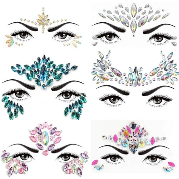 6 Set Strass Sjöjungfru Ansiktsjuveler Tatuering - Kroppsdekaler Kristall Tårdroppe Ädelstenar Bindi Temporära Dekaler (Kollektion 1)