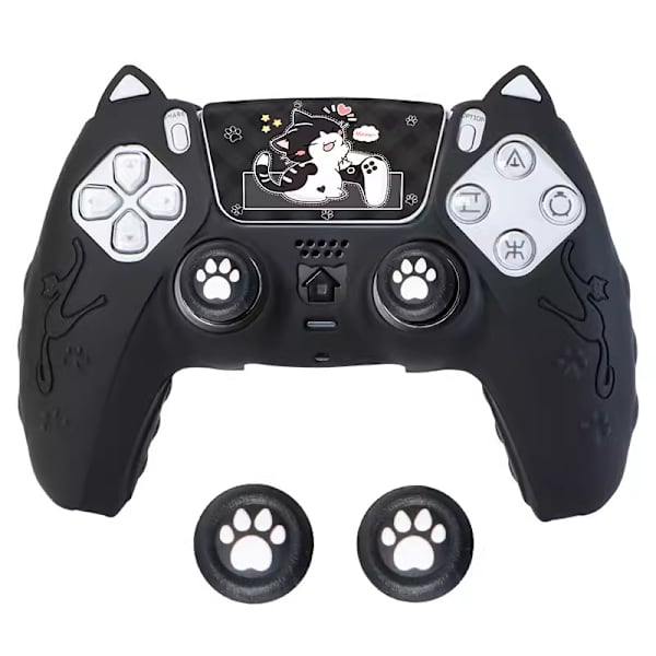 Rosa kattpåtår PS5-kontroll, set med handgrepp, halkfri silikonhölje, skyddande skyddande fodral med joystick Black