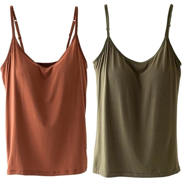 2-delt sett med polstrede camisoletopper for kvinner, størrelse L - Army Green Camisole og Caramel Camisole, egnet for fôr eller bruk alene Army Green and Caramel L