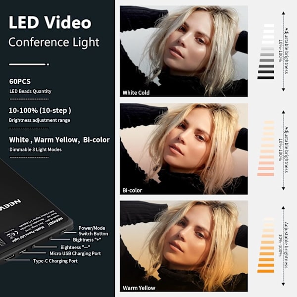 Selfie Lys med Klips til Forside og Bagside af Telefonen, Høj Effekt 60 LED 2000mAh Genopladelig CRI 95+ 3 Lystilstande Bærbar Klips-på-Lys