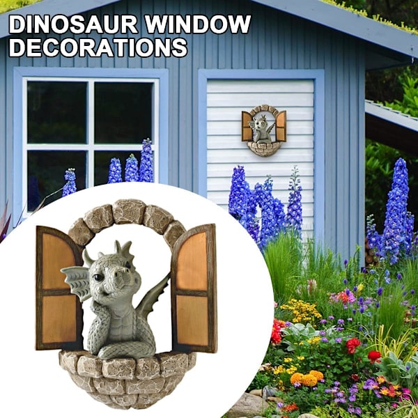 Vacker innergård dinosaurie skulptur väggdekoration, väderbeständig hartsstaty miniatyrer liten drake