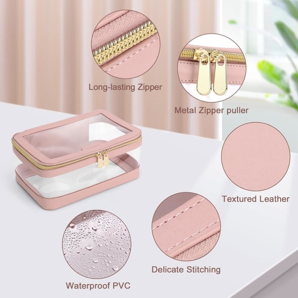 Transparent Smink Resväska med Sminkborstväska Bärbar Sminkväska Transparent Vattentät Kosmetikaförvaringsväska för Kvinnor Användning Rosa Pink
