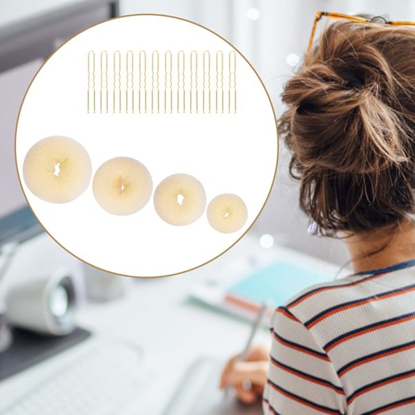4 stk. Hår Donut Hårknold Former Sæt, 4 Størrelser Hår Donut Knold Ring Med 20 Gyldne Hårnåle, Chignon Knold Maker Hår Ring Style Tilbehør