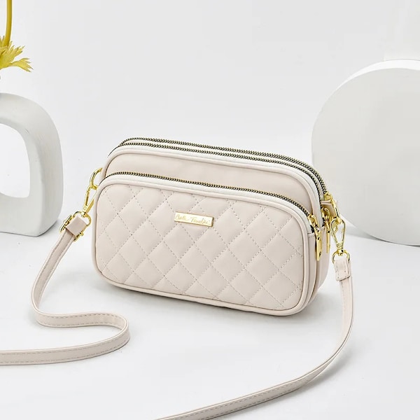 Quiltad Crossbody-väska för Kvinnor PU Läder Liten Axelväska Telefonväska beige