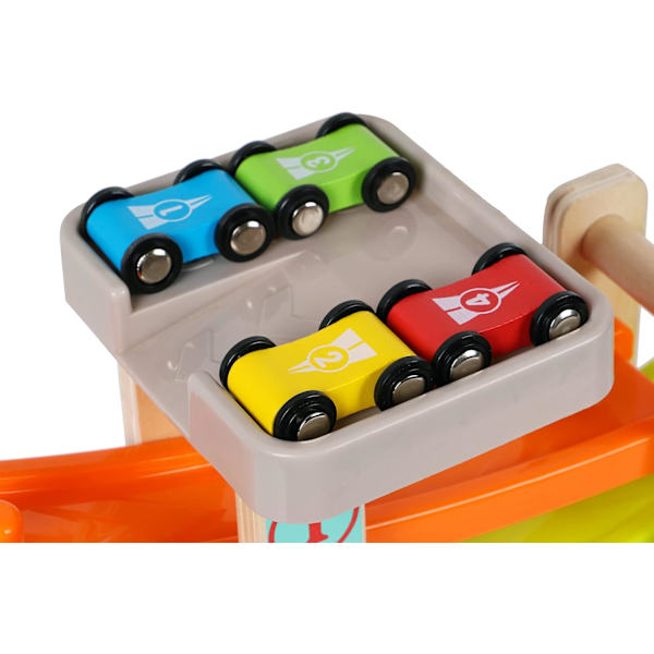 Träbilbana med ramper - Bilset för småbarn - 4-pack med ersättningsbilar - Kompatibel med Click Clack-bilar
