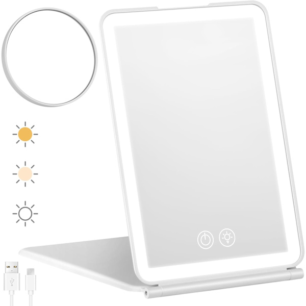 Resespegel med 56 LED-lampor, USB-laddningsbar, 3-färgsbelysning, med 10x förstoring, bärbar, ultratunn With 10x magnifying glass
