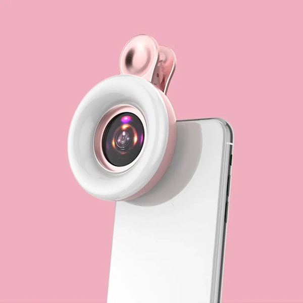 3 i 1 LED Ring Light med Mobiltelefon Clip, 15X Makro Linse Fyldlys Lampe, 53 LEDs, Genopladelig, Selfie, Live Stream Rosado