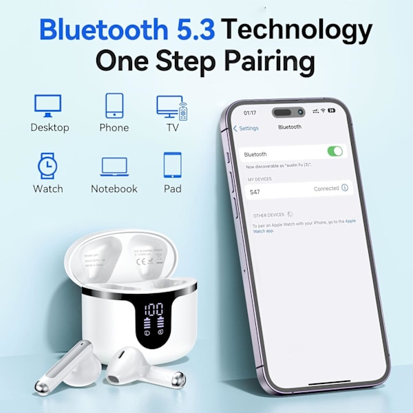 Bluetooth Headset, Trådløst Bluetooth Headset 5.3 In-ear med LED-indikator, IP7 Vanntette Hodetelefoner for Sport og Arbeid