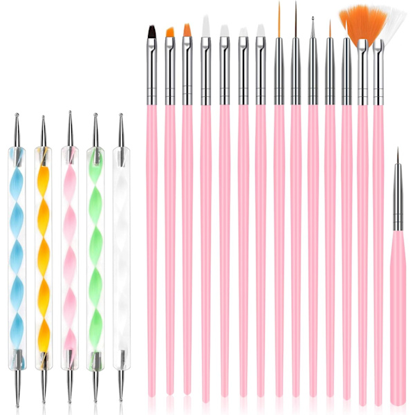 Nagelkonstpenslar Set, 15 st Akryl Nagelborste Målnings Penna och 5 st Nagelprickverktyg, Nagelpenna Designer Nagelkonst Målningsset för Diy
