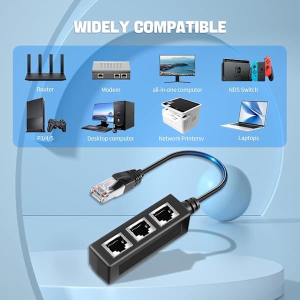 Ethernet Splitter RJ45 LAN-kabelstik 1 til 3 Netværksadapter Internet Socket Extender til Super Cat5, Cat5e, Cat6, Cat7, Cat8 Kabel