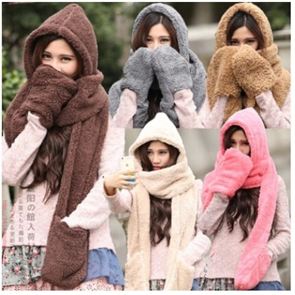 3 i 1 kvinnor vinter varm fleece huva halsduk Snood Pocket Hattar Handskar pink