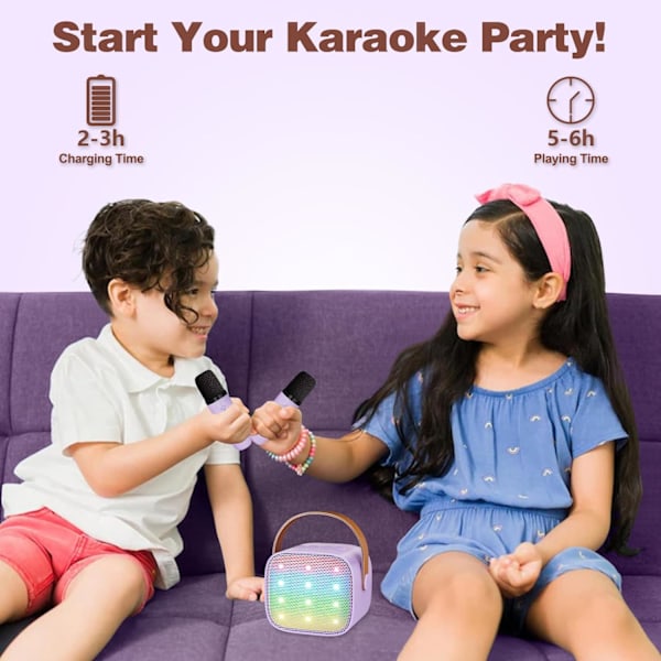Karaokelaite lapsille ja aikuisille, kannettava karaokemikrofoni laulukaiutin 2 langattomalla mikrofonilla ja LED-valoilla Purple