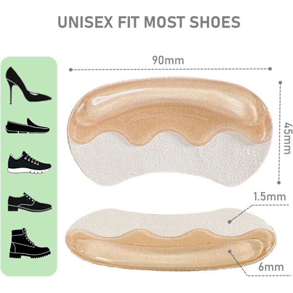 Pairs Anti-Slip Hälgrepp för Skor som är För Stora, Gel Hälfoder & Fyllningar för Lösa Skor, Självhäftande Hälkuddar (Beige) Beige