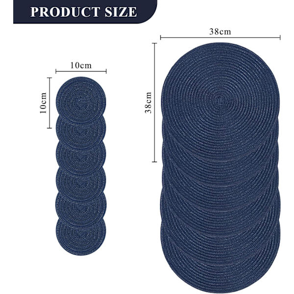 15\" Rund Vävda Dukunderlägg, Halkskyddande Isolering Vävda Bomullsduksunderlägg, Tvättbara (Set om 6) Azul Marino 6pc placemats and 6pc coasters