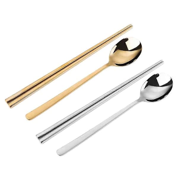 2 sæt spisepinde og skeer, rustfrit stål, koreanske spisepinde og ske