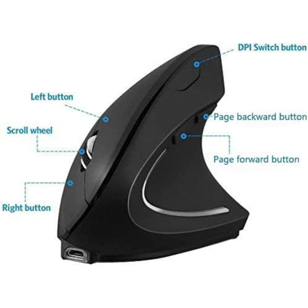 Ergonomisk mus, 2.4G optisk trådløs vertikal mus med 6 knapper - 3 justerbare DPI 800/1200/1600 til bærbar, PC, computer, desktop, notebook, osv. Charge