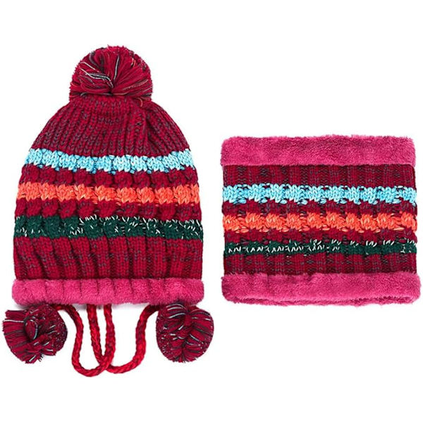 Vintermössa och halsdukset för kvinnor, stickad, varm, tjock, med tofsar, mössa med tofsar, utomhusskidåkning, snowboard, cykel, tofsar, omsydda mössor Red