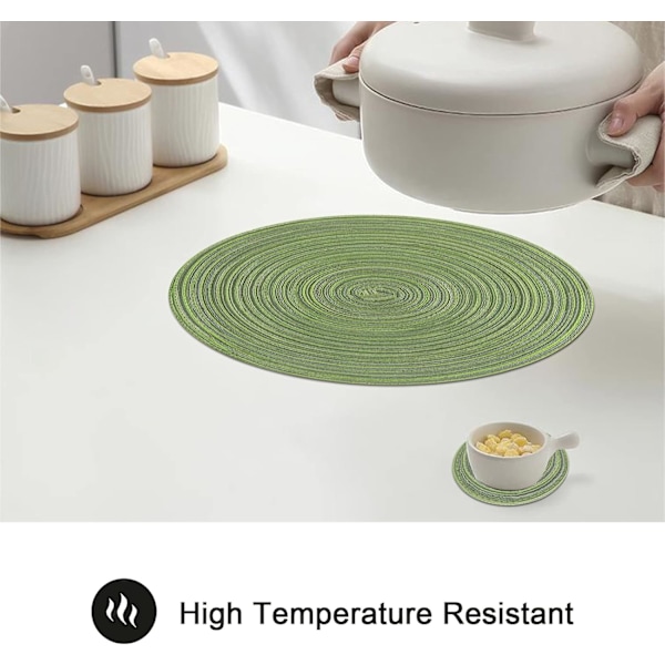 15\" Rund vävd bordsmatta, halkfri isolerande vävd bomulls bordsmatta, tvättbar (set om 6) Verde 6pc placemats and 6pc coasters