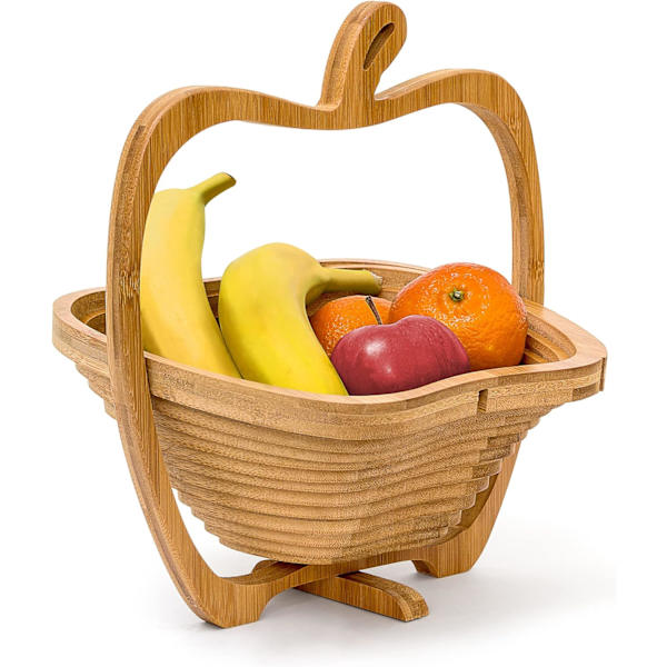 Fällbar äppelformad fruktskål, bambu, 26 x 14 x 30 cm, trä, fruktskål, brun