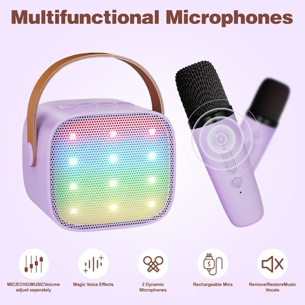 Karaokelaite lapsille ja aikuisille, kannettava karaokemikrofoni laulukaiutin 2 langattomalla mikrofonilla ja LED-valoilla Purple