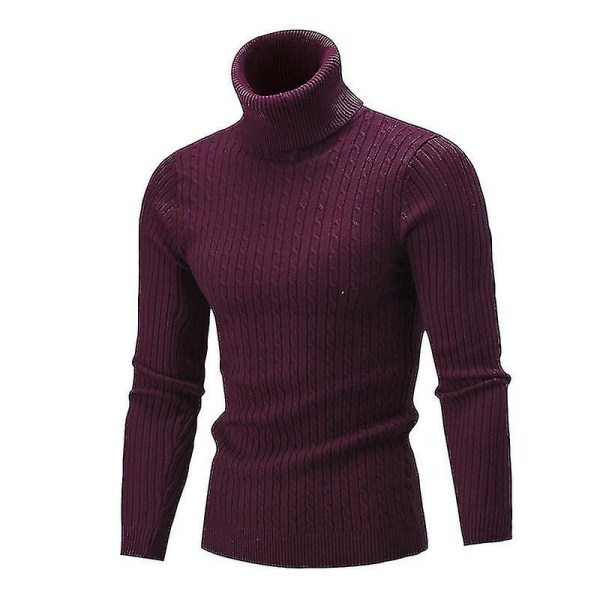 Herr Vinter Varm Stickad Turtle Neck tröja Wine Red 3XL