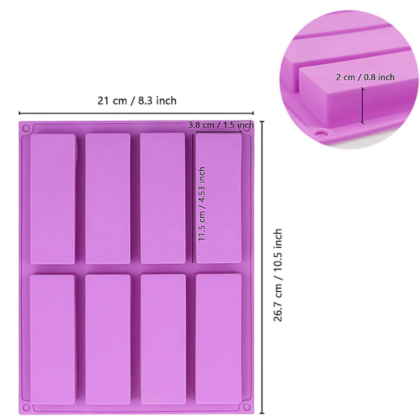 2 STK Silikone Müslibarforme, Rektangulær Silikone med 8 Hulrum til Energibar, Müslibar, Chokoladebar Maker Purple