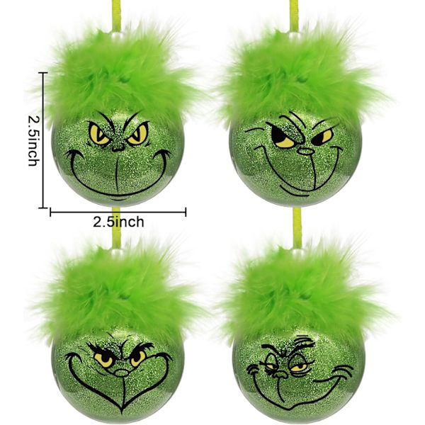 Juldekorationer för inomhus: 12 stycken söta Grinch julgransprydnader med fluffigt grönt hår, glittrande Grinch julbollar för granen