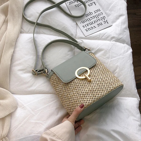Dam Casual Halm Hink Crossbody Väska Sommar Korg Axelväska Reseväska GREEN 20x10x21cm